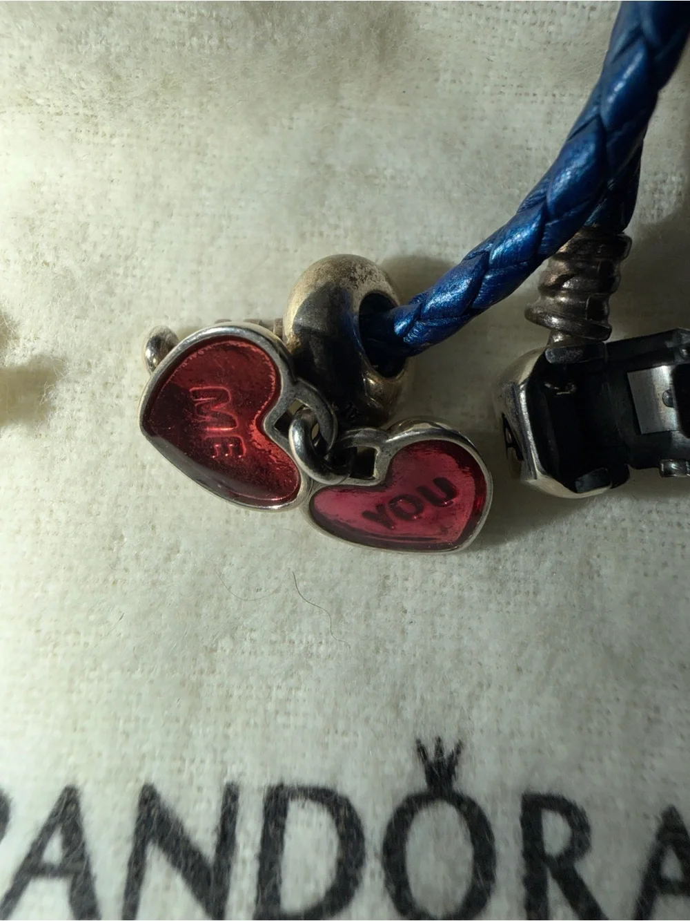 Pandora Blue Braided Leather Bracelet with Red Heart Charm and Silver Accent